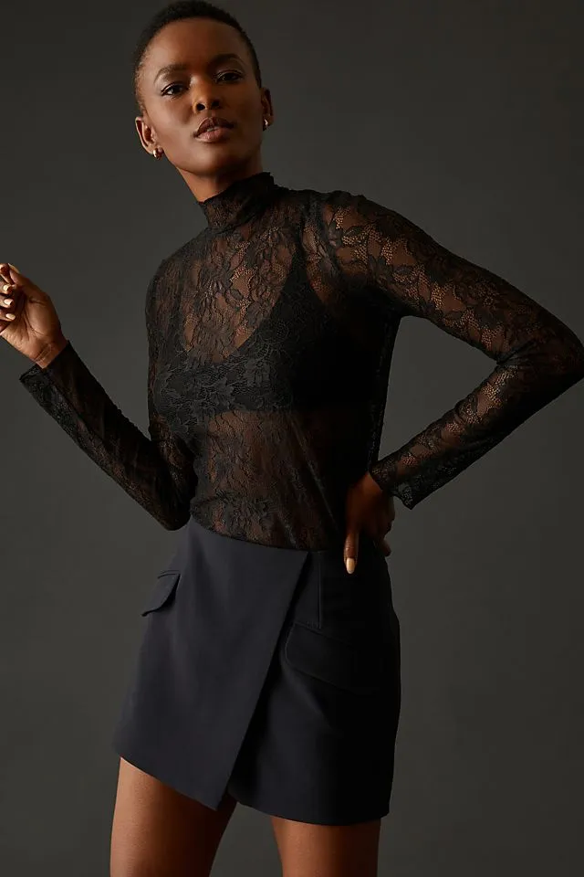 Anthropologie layered lace turtleneck, black