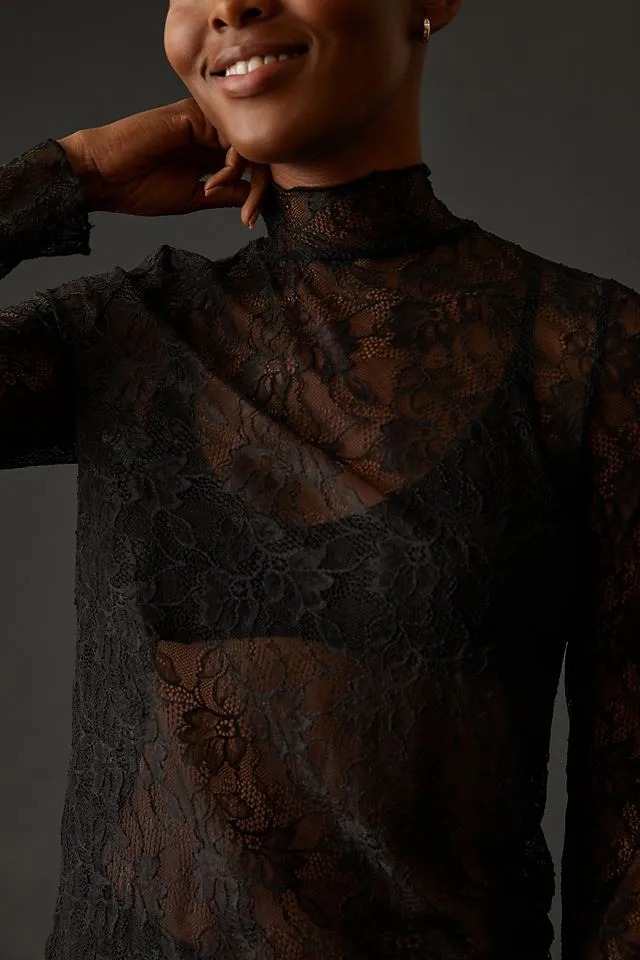 Anthropologie layered lace turtleneck, black