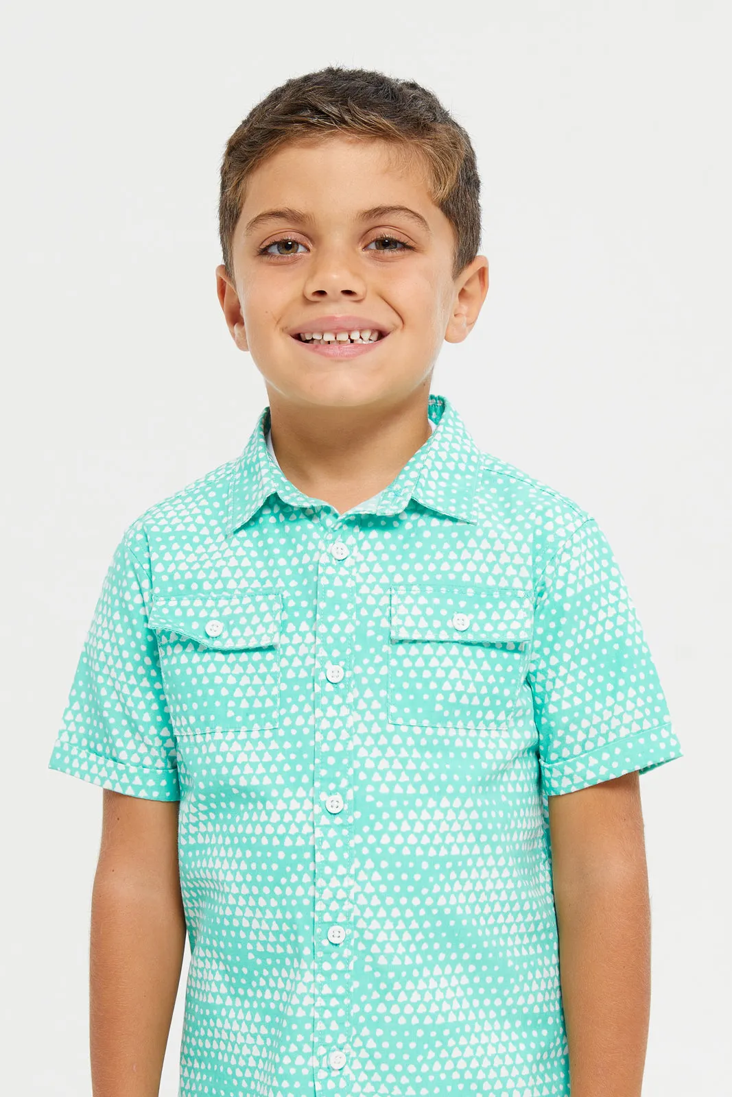 Boys Teal And White Shirt With T-Shirt Set (2 Piece)